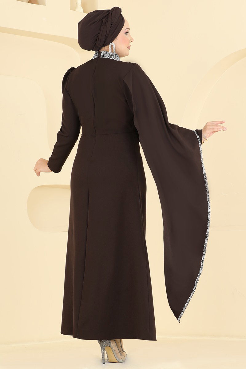Embellished Evening Dress with Shawl - Dark Brown