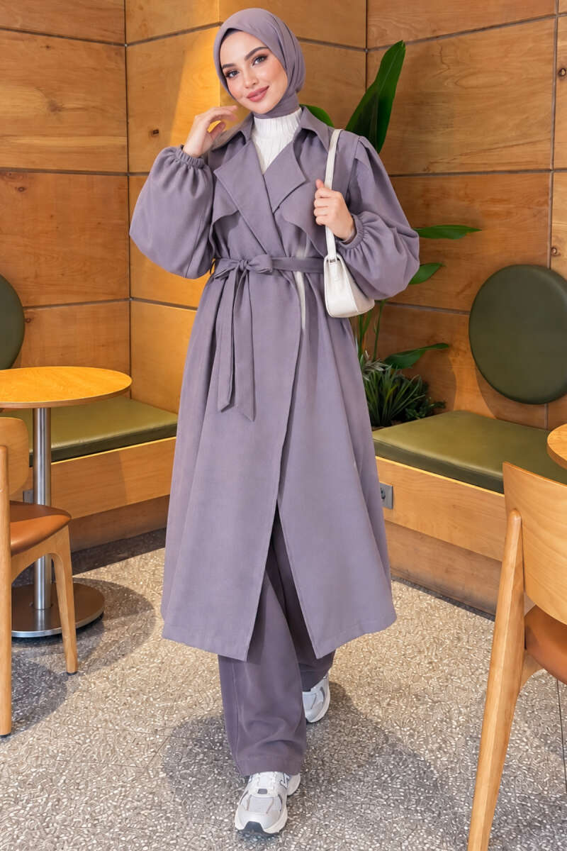 Shawl-Collar Cape Coat with Puff Sleeves - Slate Grey
