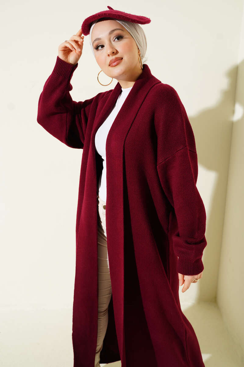 Long Basic Shawl-Collar Knit Cardigan - Burgundy