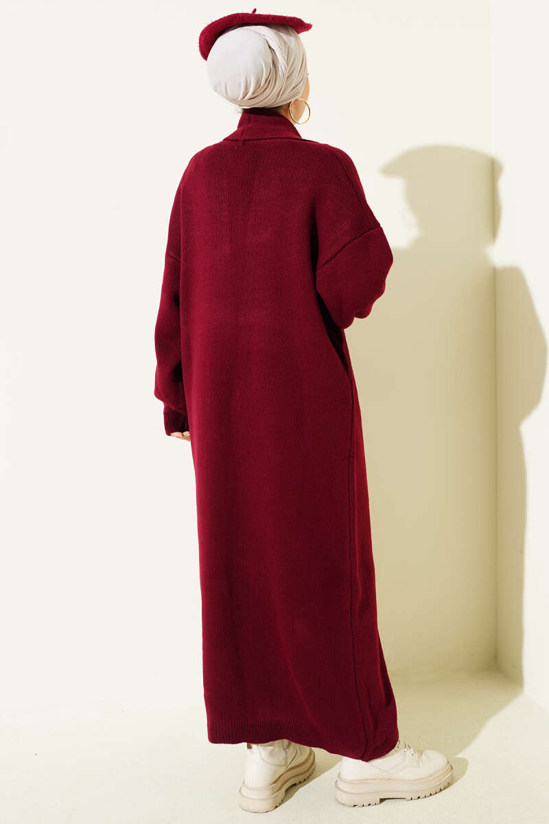 Long Basic Shawl-Collar Knit Cardigan - Burgundy