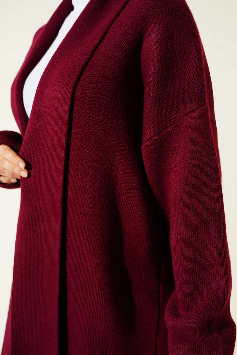 Long Basic Shawl-Collar Knit Cardigan - Burgundy