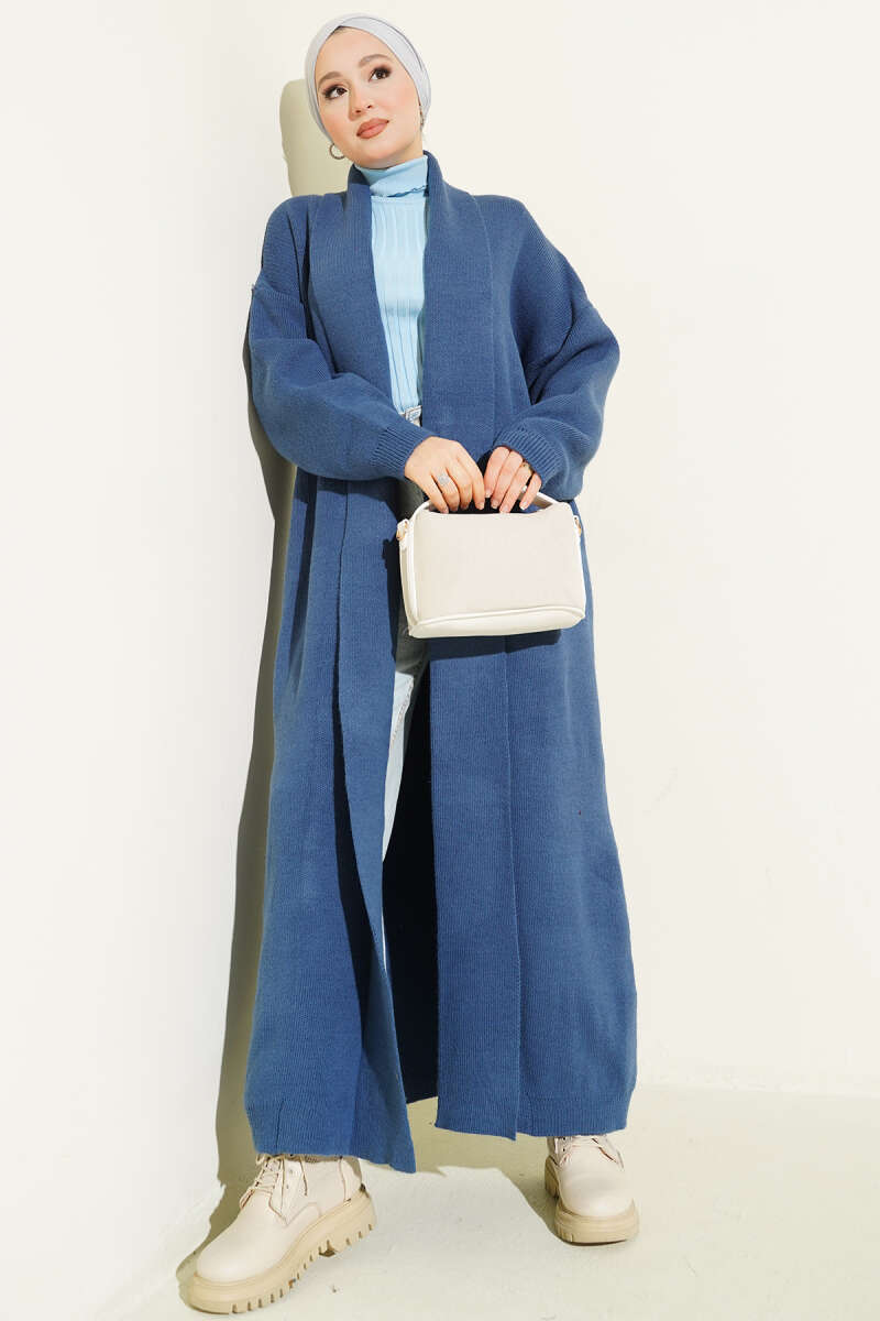 Long Basic Shawl-Collar Knit Cardigan - Indigo