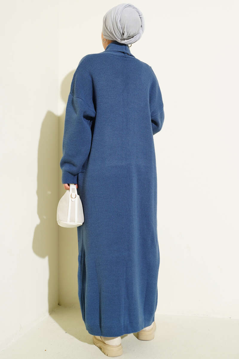 Long Basic Shawl-Collar Knit Cardigan - Indigo