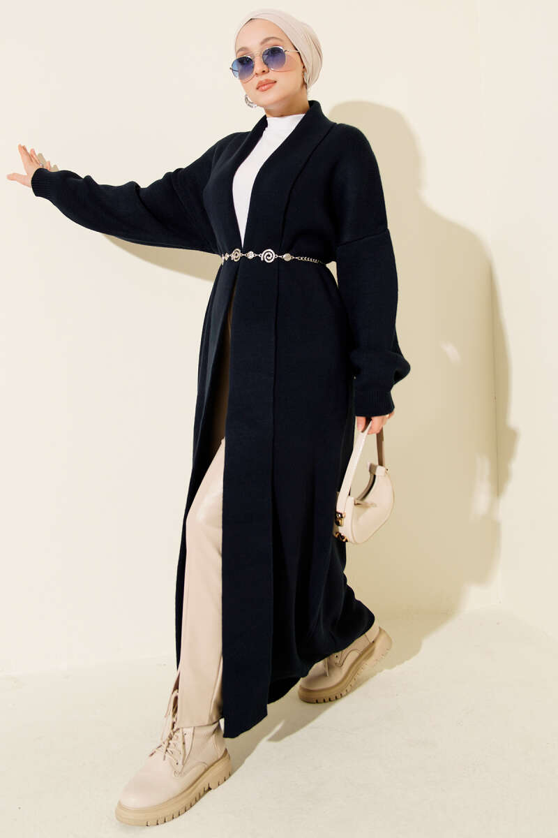 Long Basic Shawl-Collar Knit Cardigan - Navy