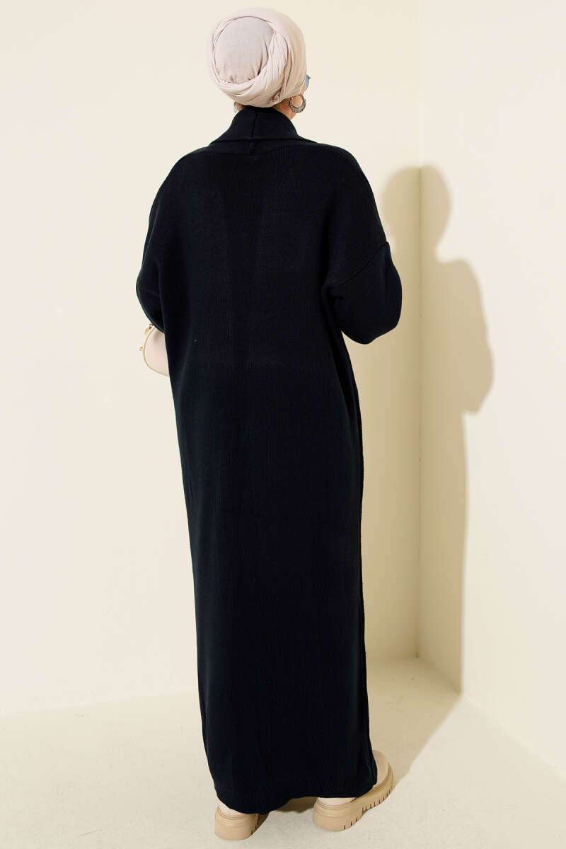 Long Basic Shawl-Collar Knit Cardigan - Navy