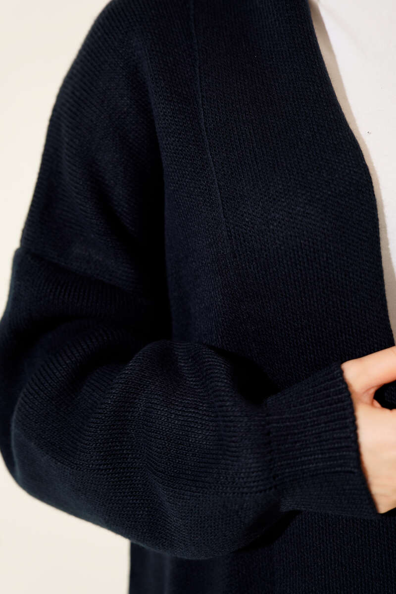 Long Basic Shawl-Collar Knit Cardigan - Navy