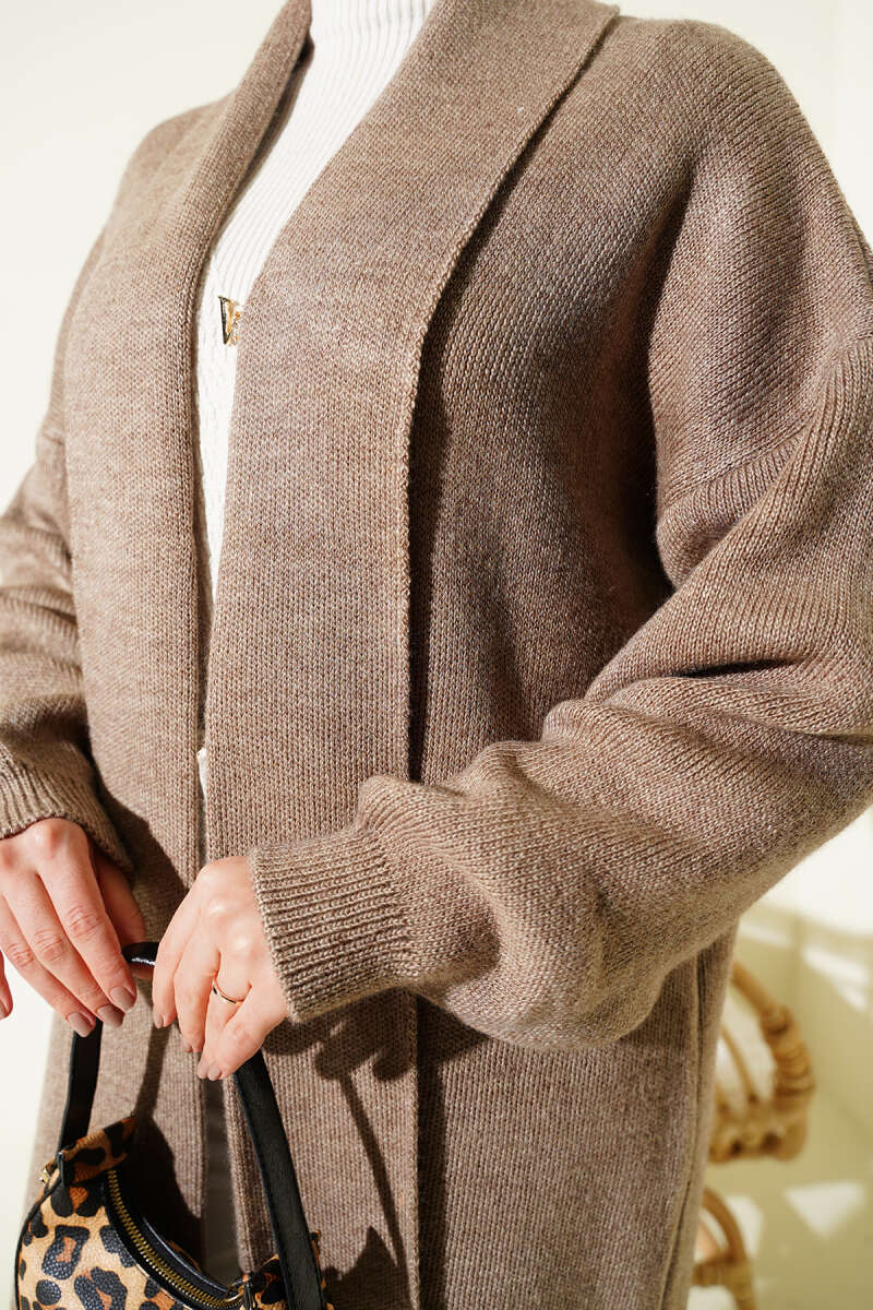 Long Basic Shawl-Collar Knit Cardigan - Mink