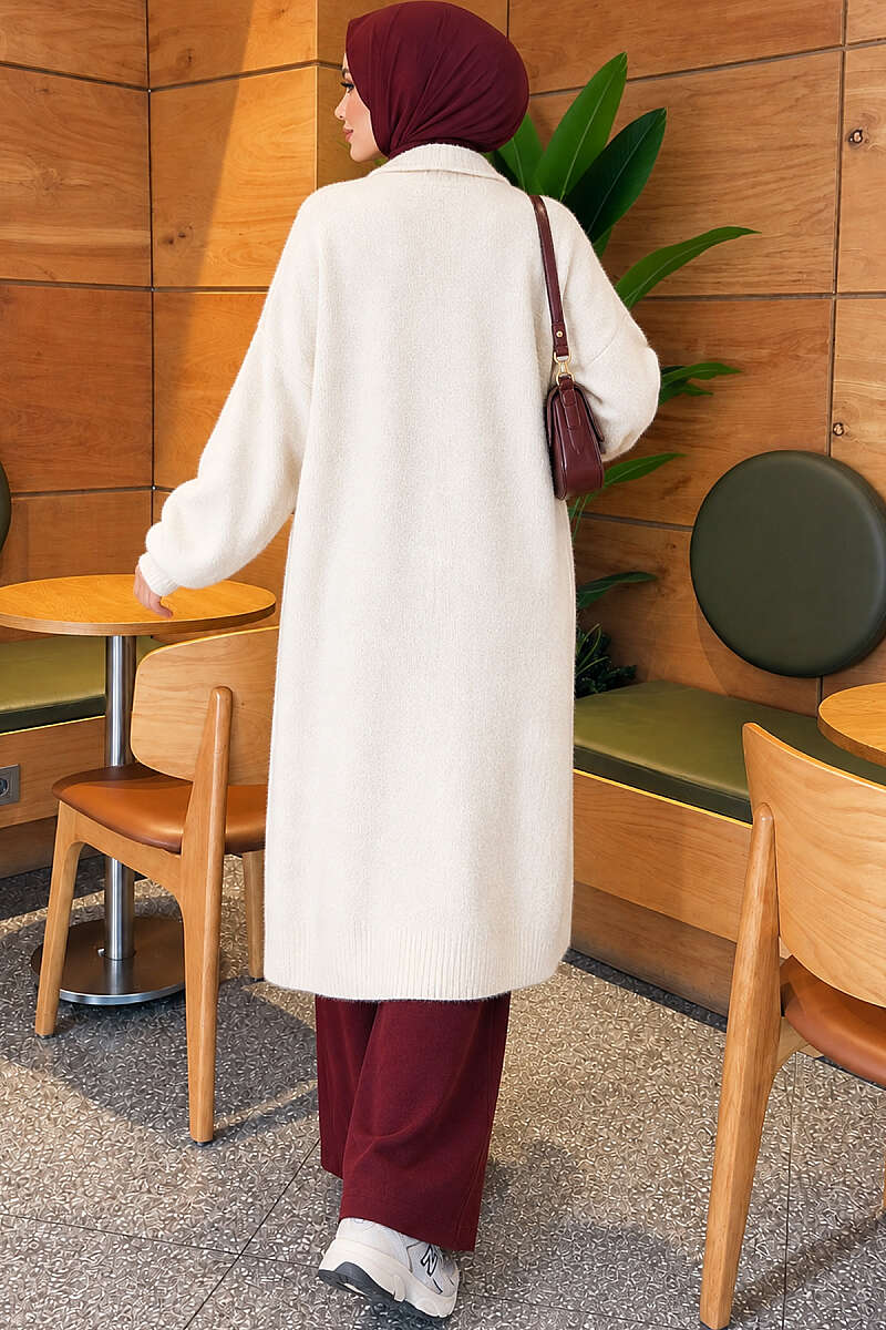 Shawl-Collar Brushed Cardigan with Pockets - Ecru