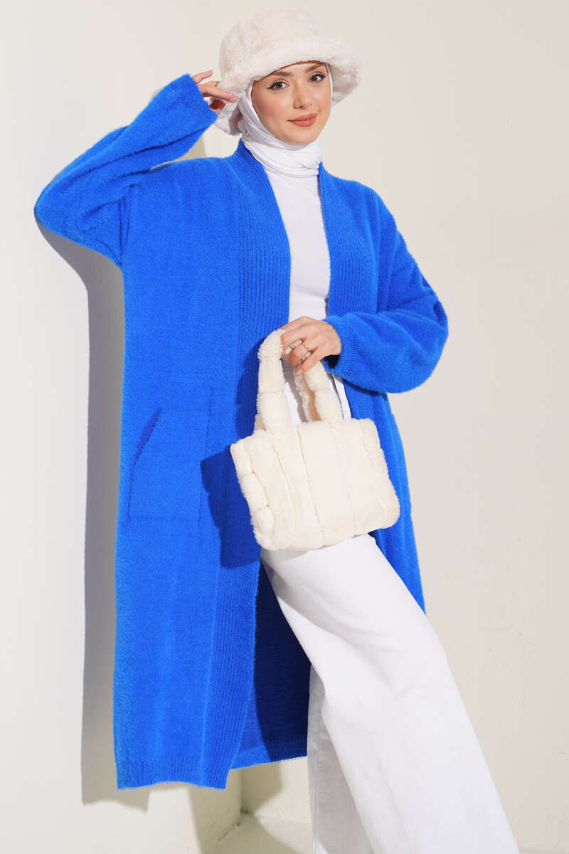 Shawl-Collar Brushed Cardigan with Pockets - Saxe Blue