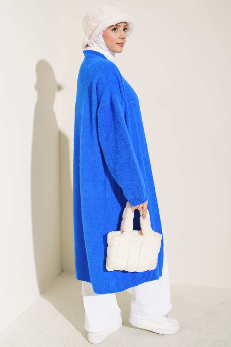 Shawl-Collar Brushed Cardigan with Pockets - Saxe Blue