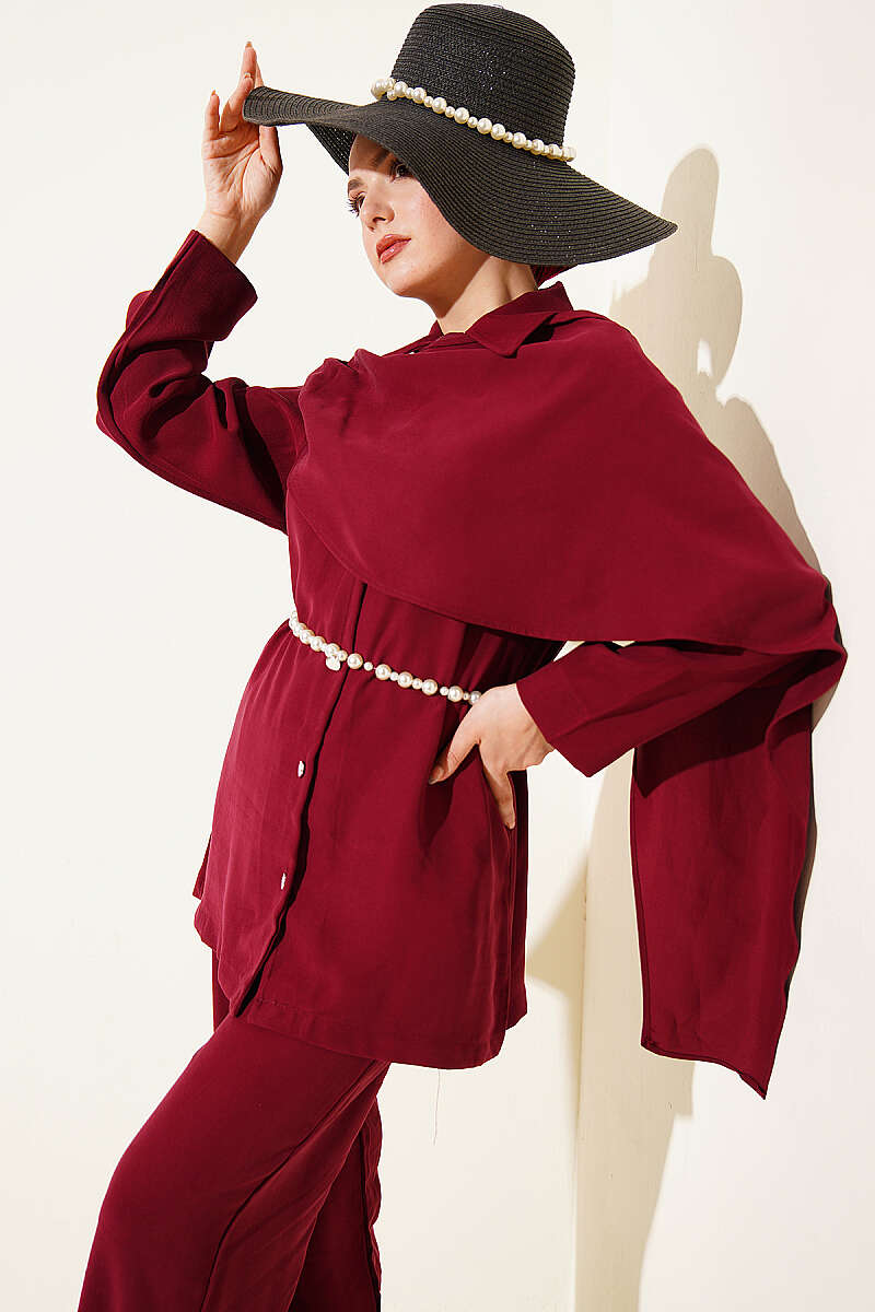 Tencel Two-Piece Set with Shawl Collar - Burgundy