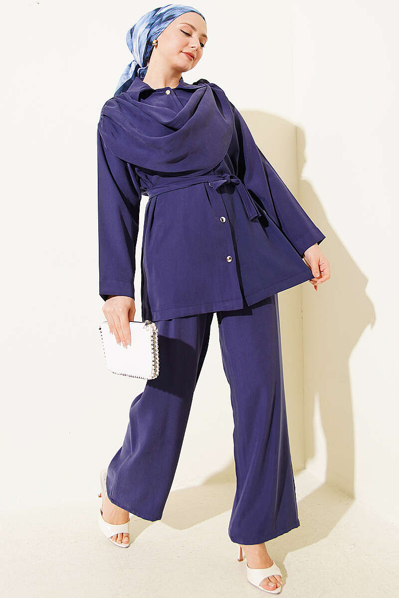 Tencel Two-Piece Set with Shawl Collar - Navy