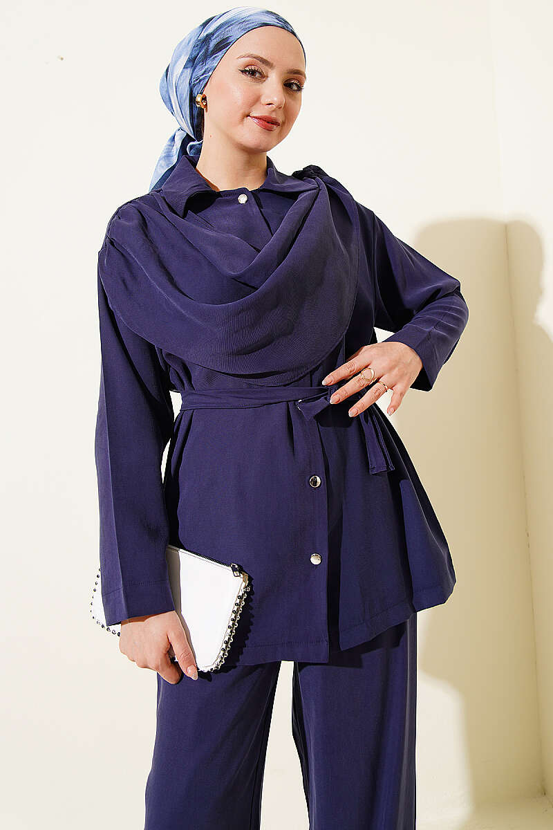 Tencel Two-Piece Set with Shawl Collar - Navy