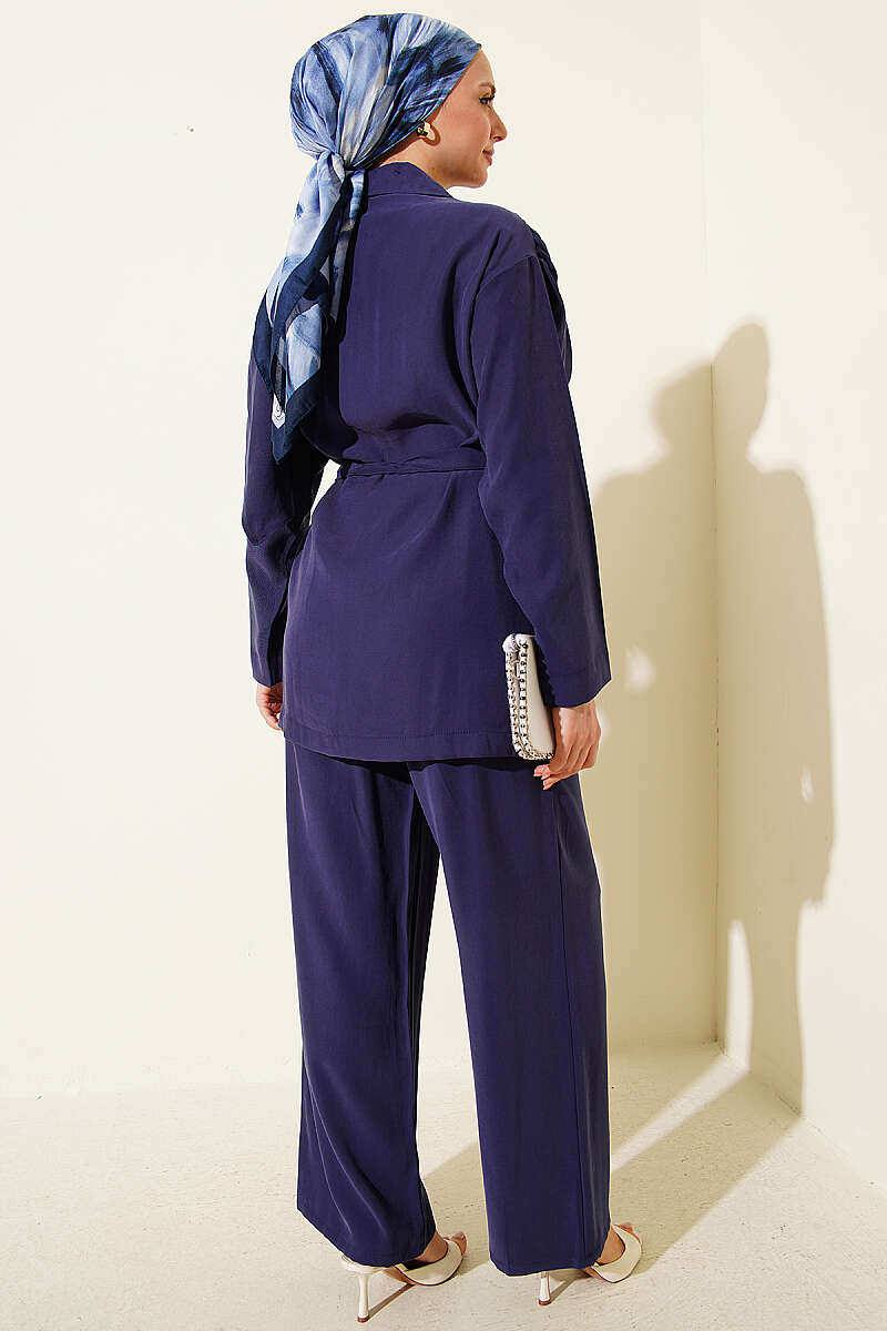 Tencel Two-Piece Set with Shawl Collar - Navy
