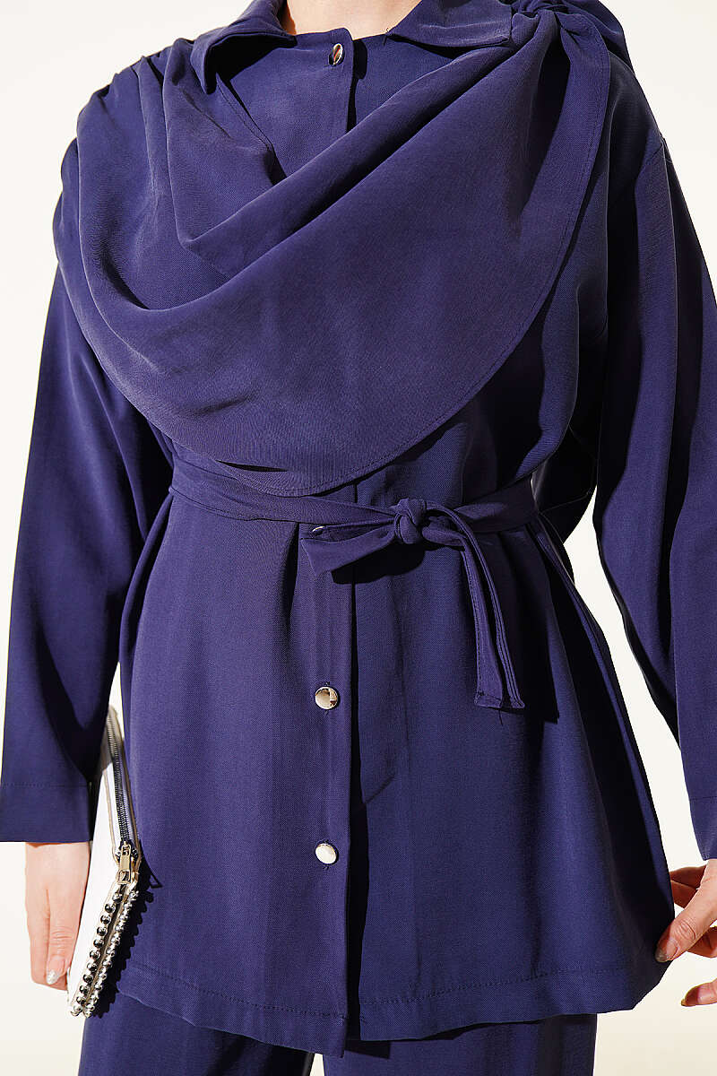 Tencel Two-Piece Set with Shawl Collar - Navy