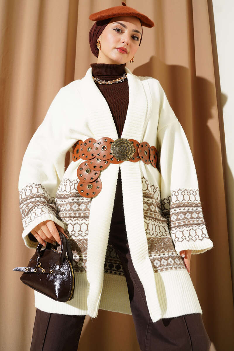 Shawl-Collar Ethnic Pattern Knit Cardigan - Ecru
