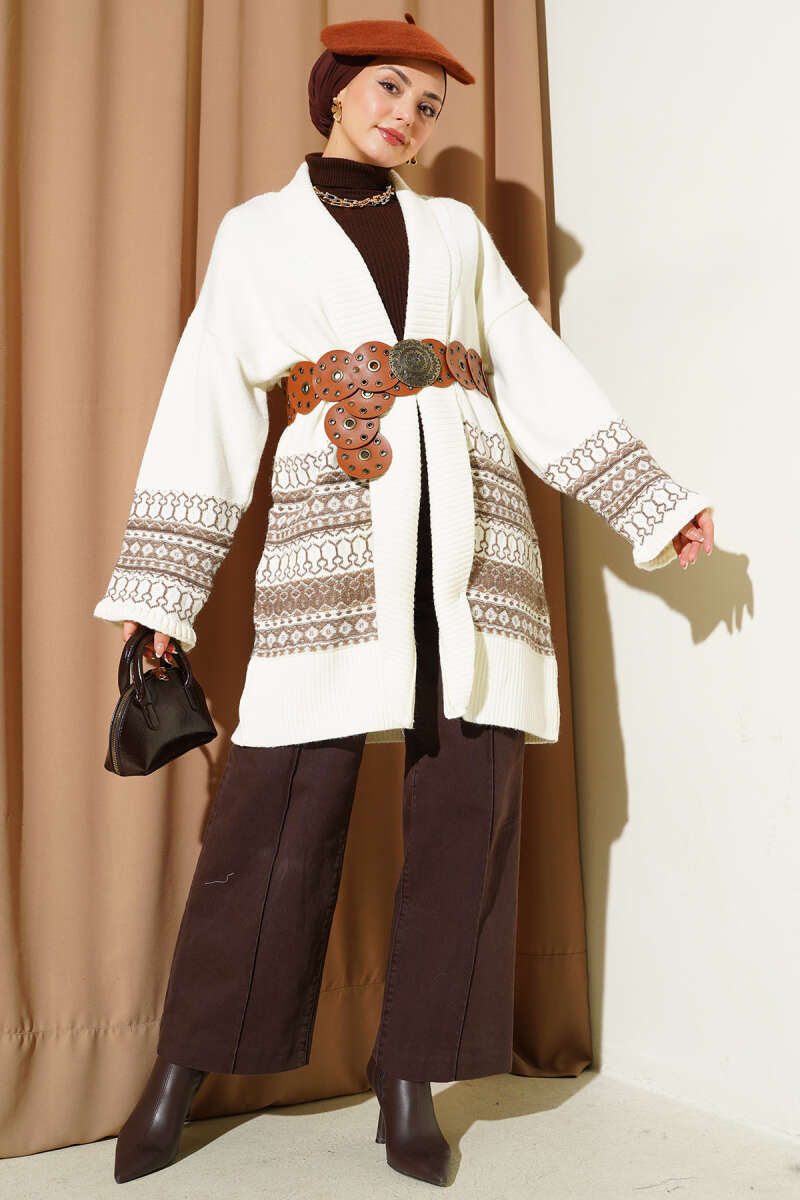 Shawl-Collar Ethnic Pattern Knit Cardigan - Ecru
