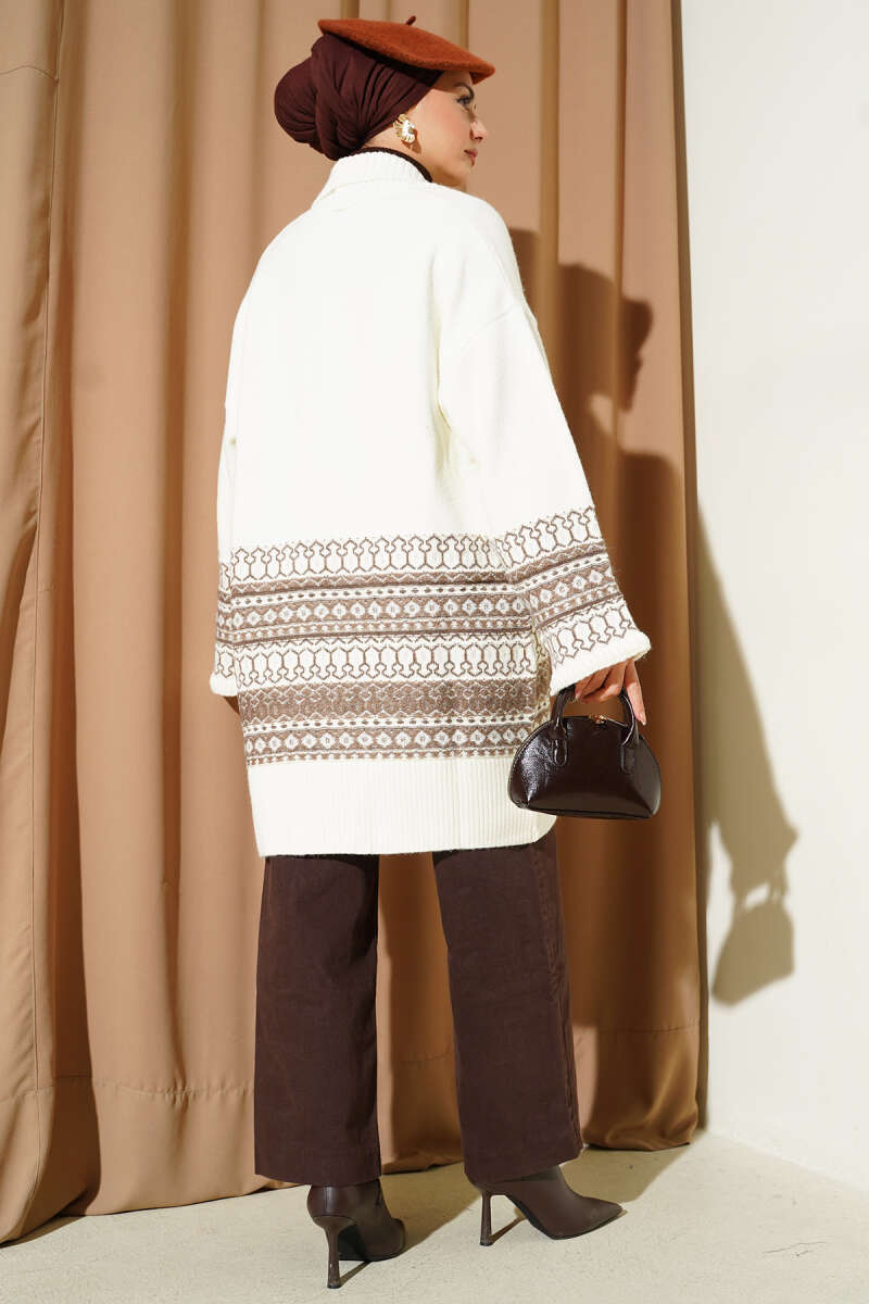 Shawl-Collar Ethnic Pattern Knit Cardigan - Ecru