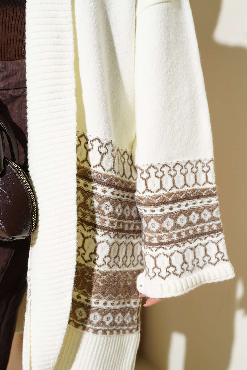 Shawl-Collar Ethnic Pattern Knit Cardigan - Ecru
