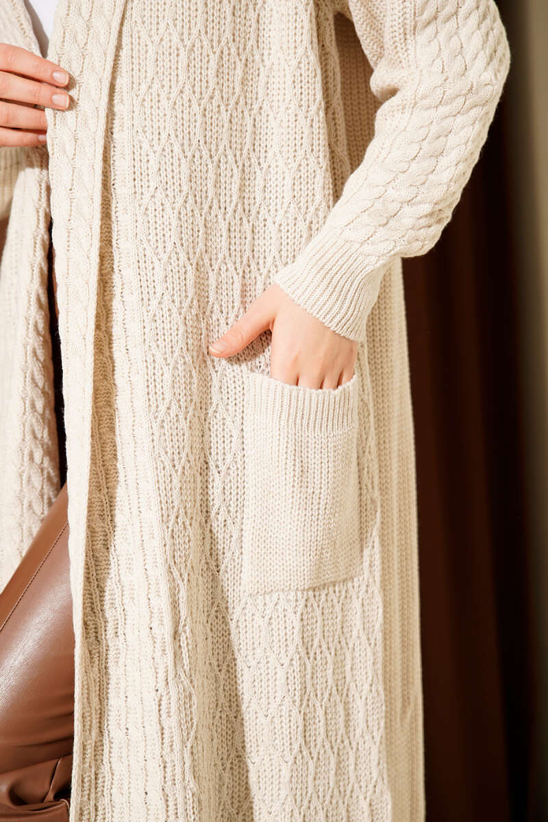 Shawl-Collar Cable-Knit Cardigan - Beige