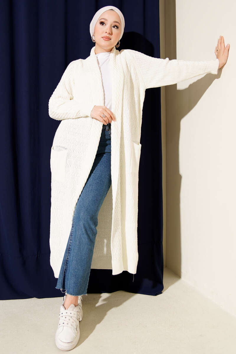 Shawl-Collar Cable-Knit Cardigan - Ecru