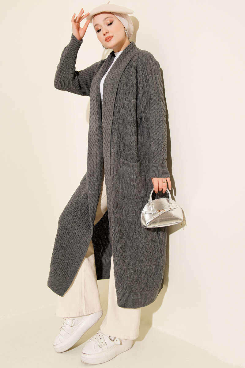 Shawl-Collar Cable-Knit Cardigan - Smoke Grey