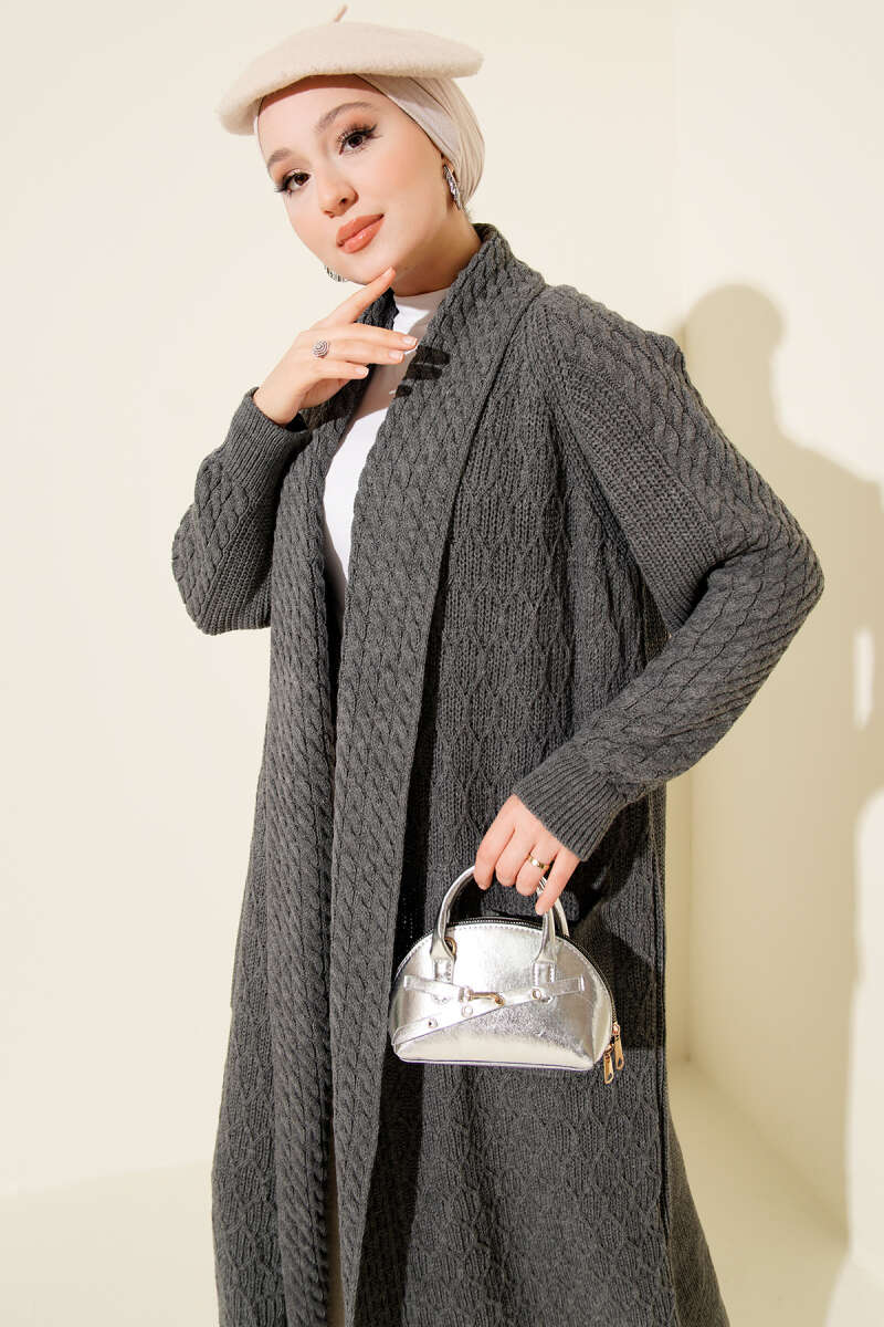 Shawl-Collar Cable-Knit Cardigan - Smoke Grey