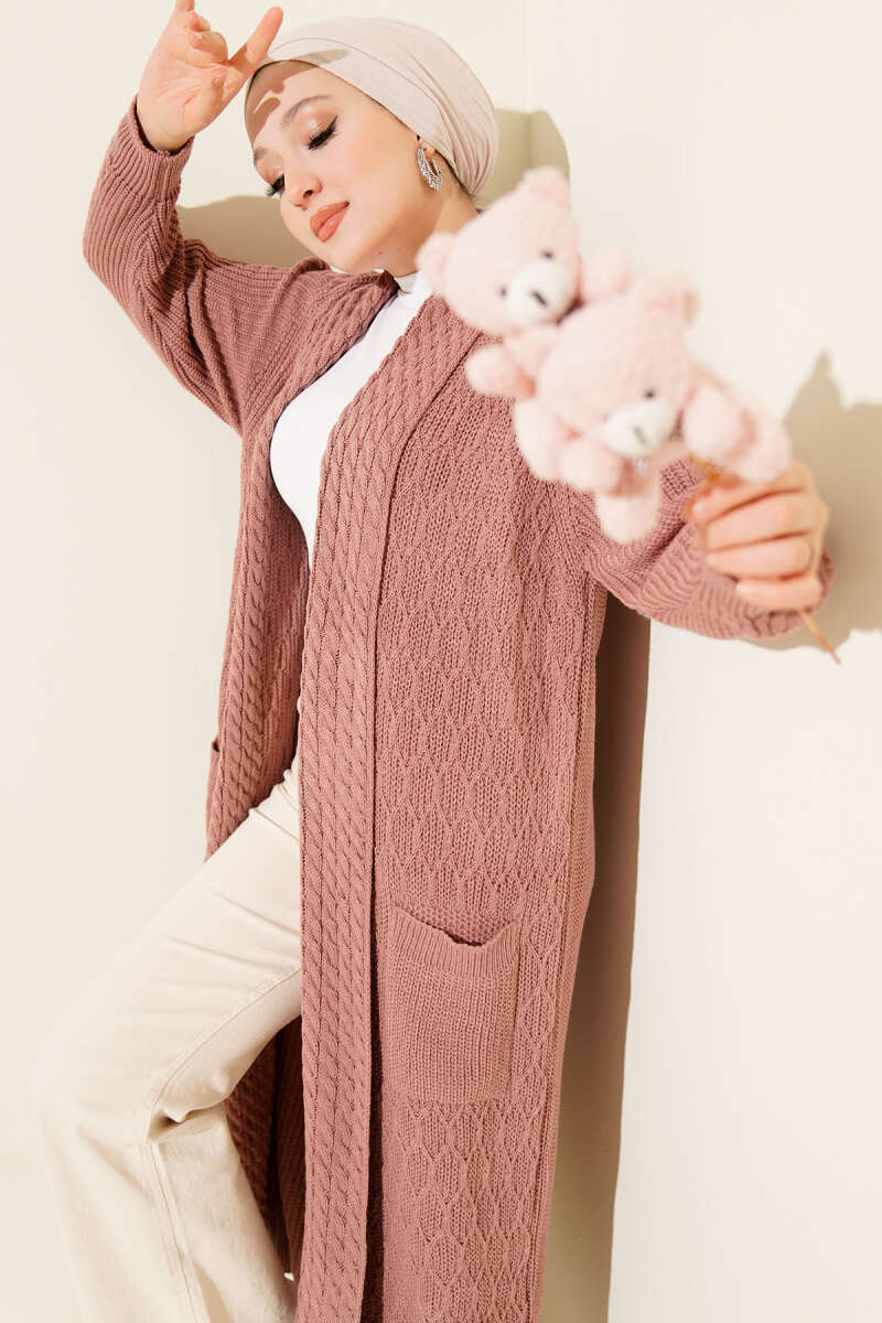 Shawl-Collar Cable-Knit Cardigan - Dusty Rose