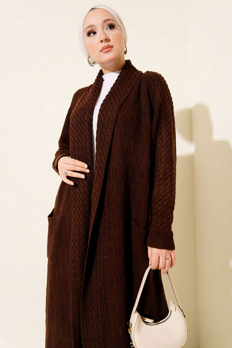 Shawl-Collar Cable-Knit Cardigan - Brown