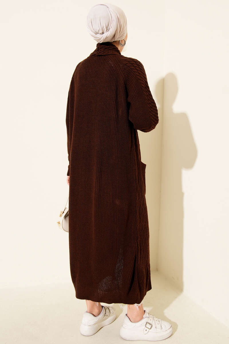 Shawl-Collar Cable-Knit Cardigan - Brown