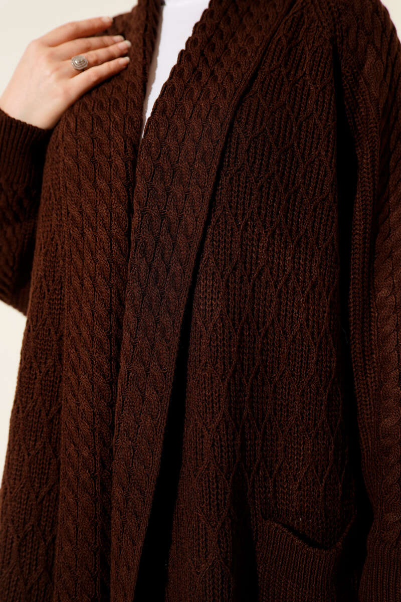 Shawl-Collar Cable-Knit Cardigan - Brown