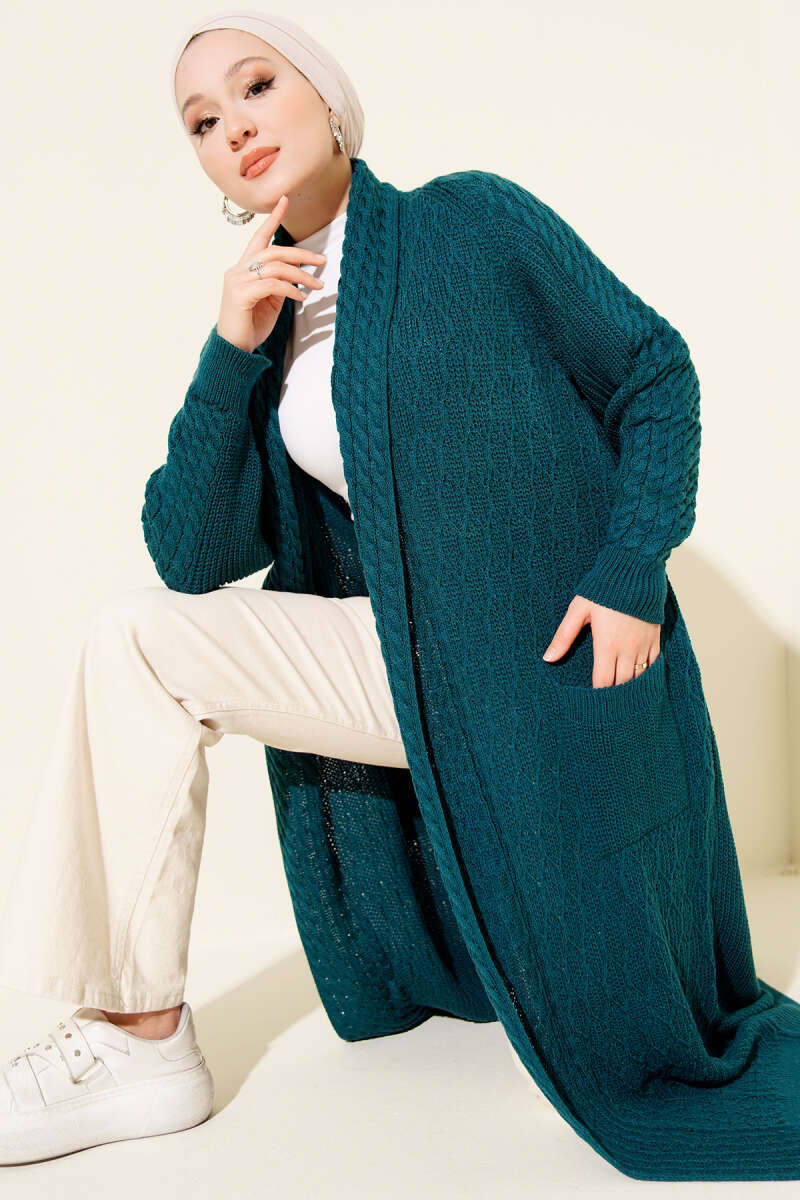 Shawl-Collar Cable-Knit Cardigan - Teal
