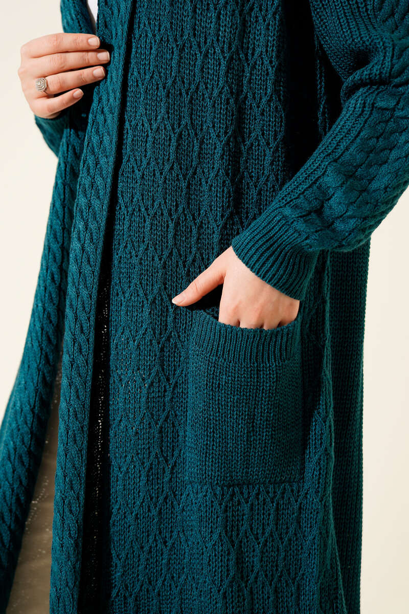 Shawl-Collar Cable-Knit Cardigan - Teal