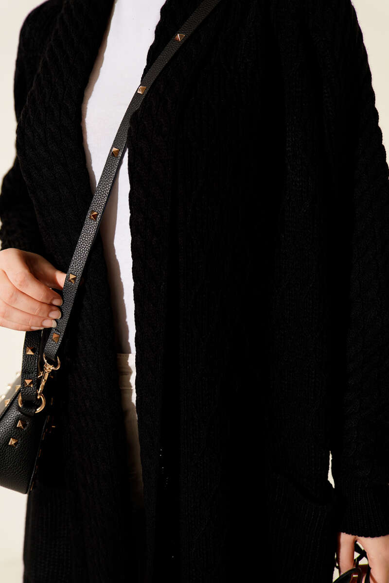 Shawl-Collar Cable-Knit Cardigan - Black