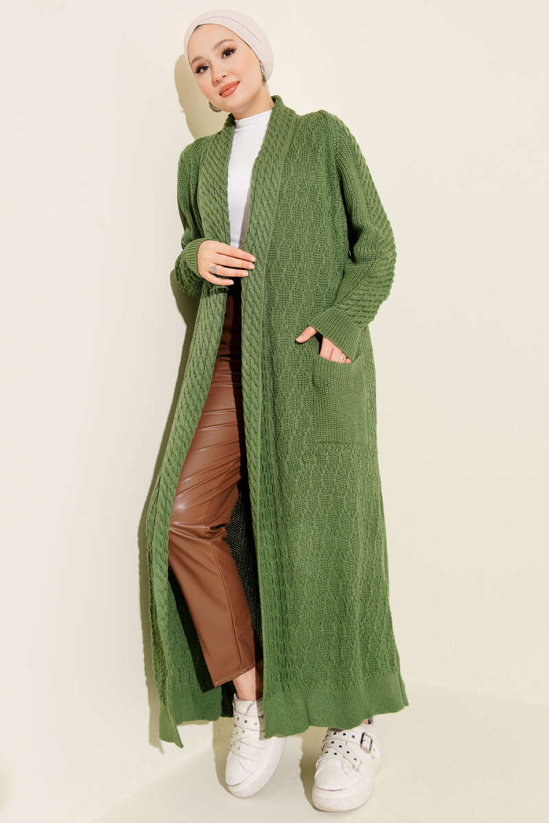 Shawl-Collar Cable-Knit Cardigan - Green