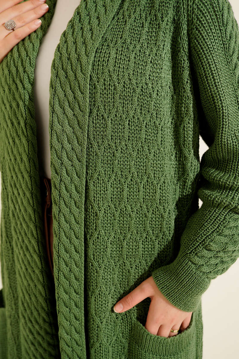 Shawl-Collar Cable-Knit Cardigan - Green