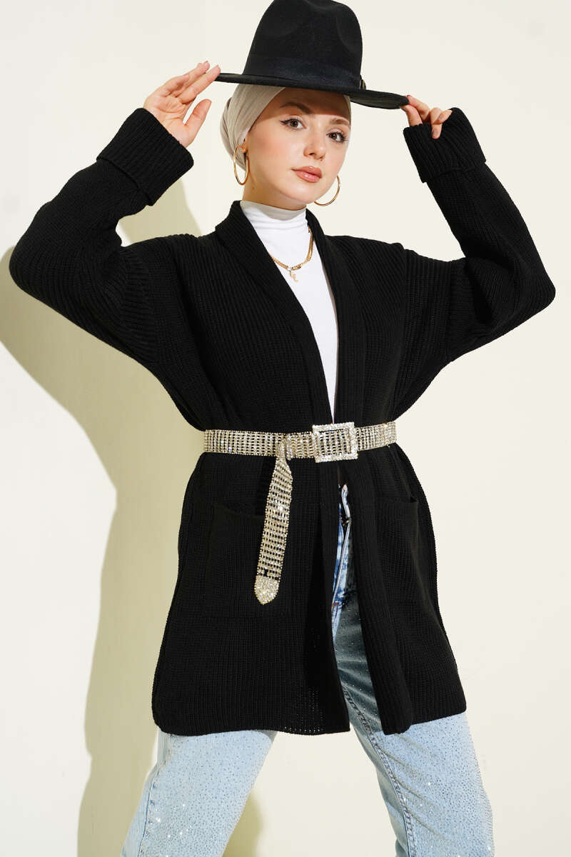 Shawl-Collar Seed-Stitch Knit Cardigan - Black