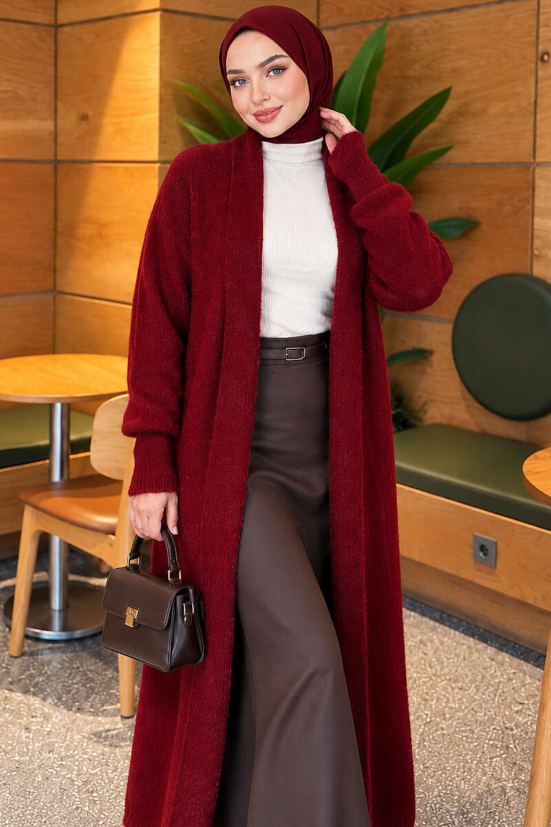 Long Shawl-Collar Brushed Cardigan - Burgundy