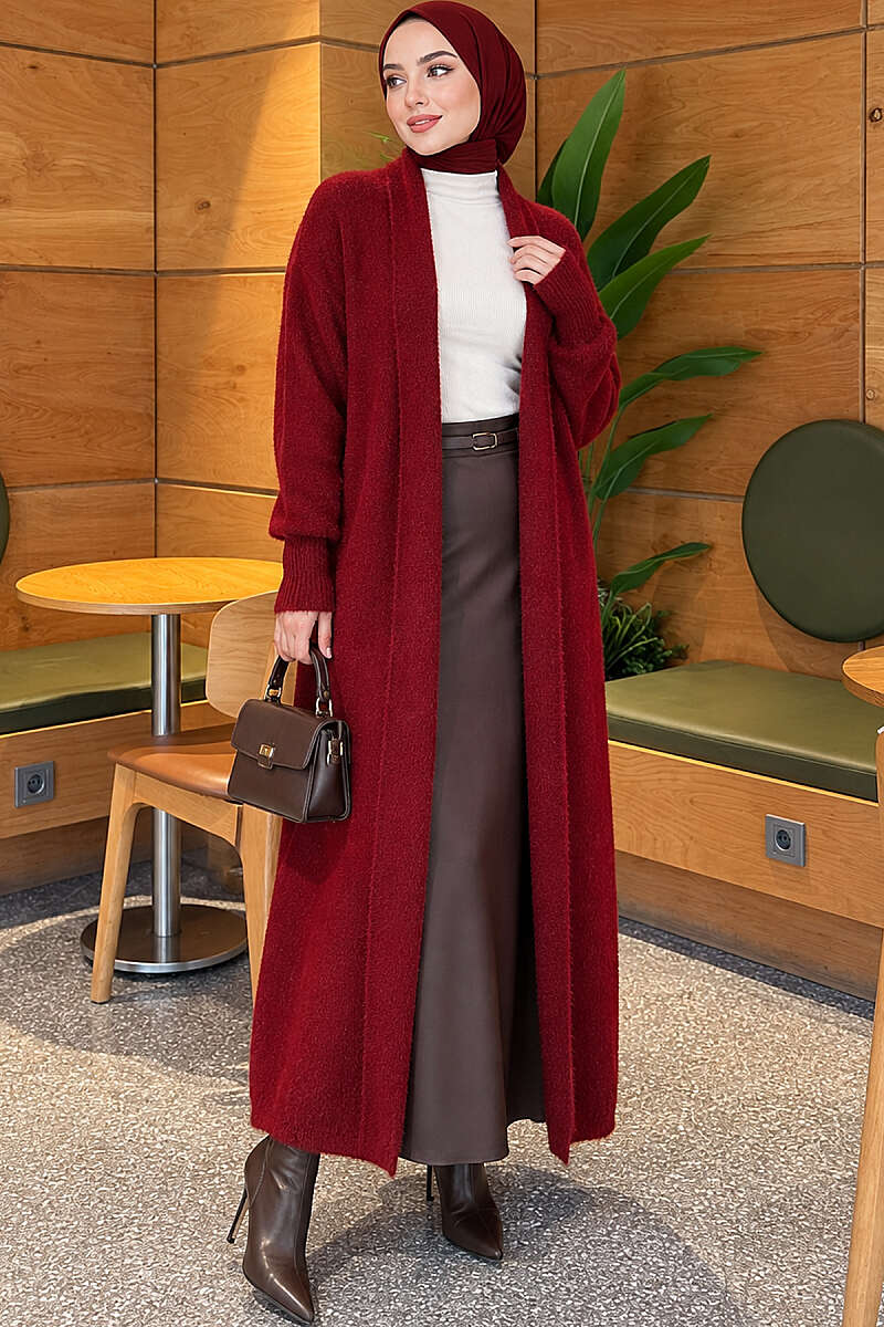 Long Shawl-Collar Brushed Cardigan - Burgundy