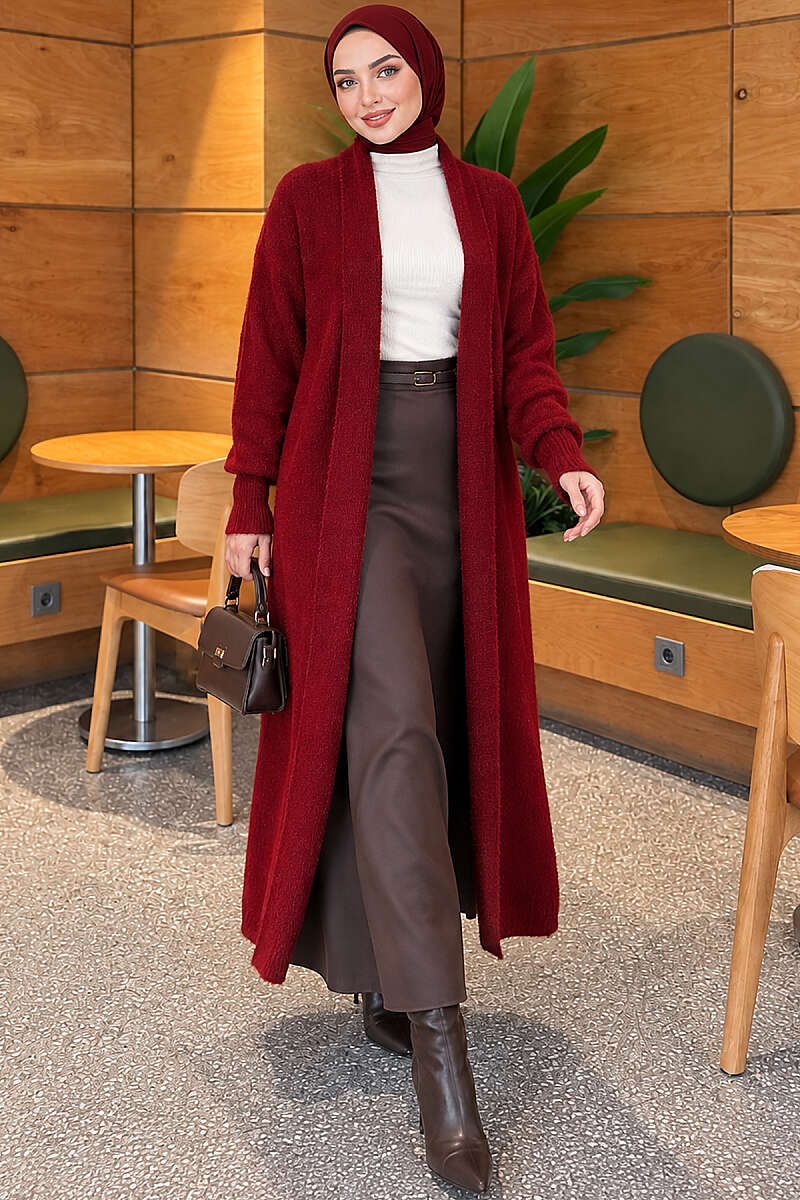 Long Shawl-Collar Brushed Cardigan - Burgundy