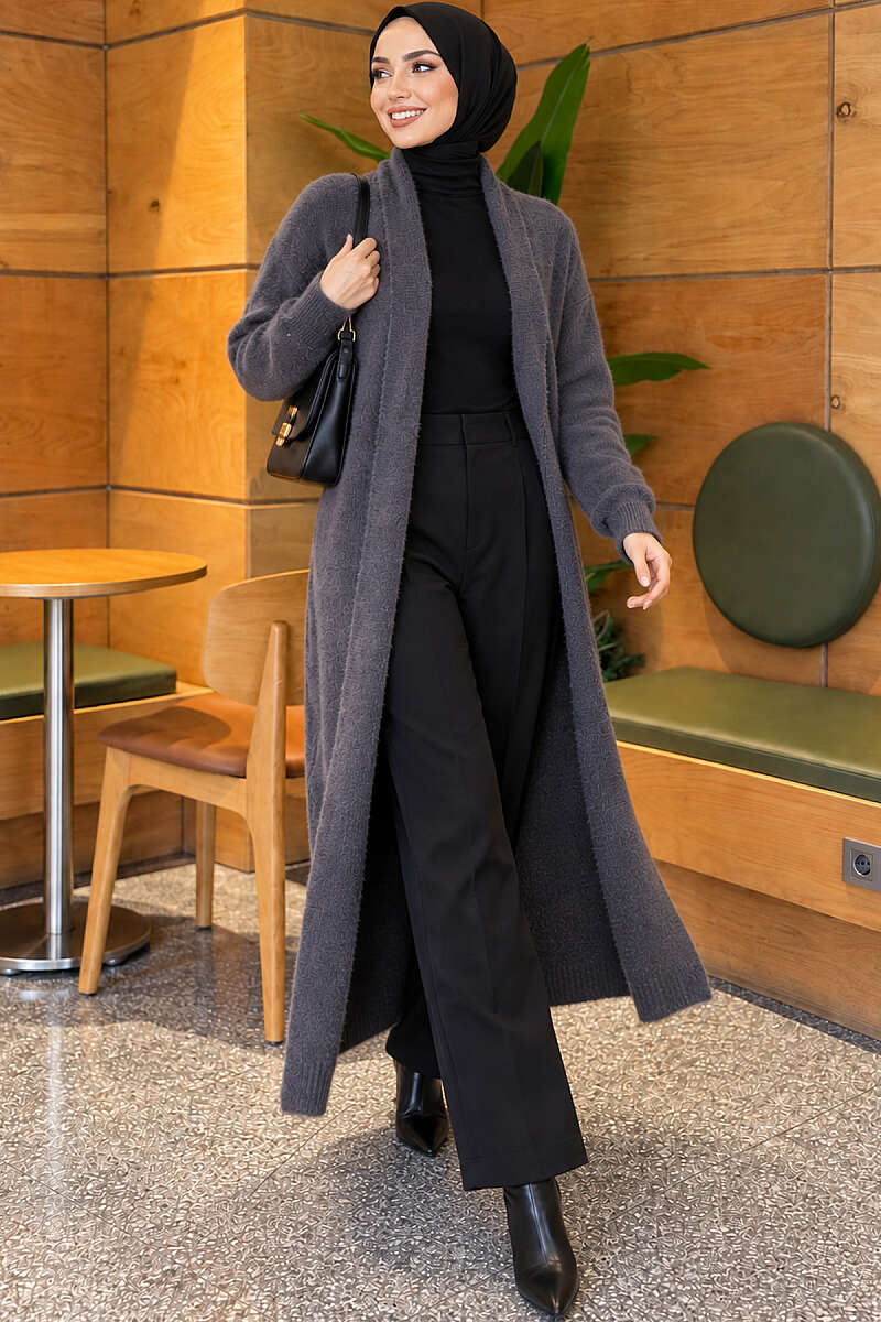 Long Shawl-Collar Brushed Cardigan - Smoke Grey