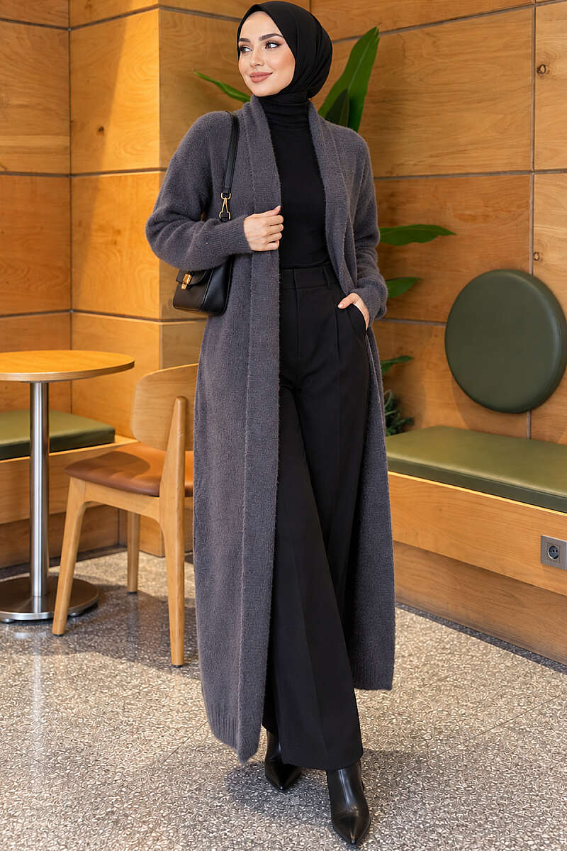Long Shawl-Collar Brushed Cardigan - Smoke Grey