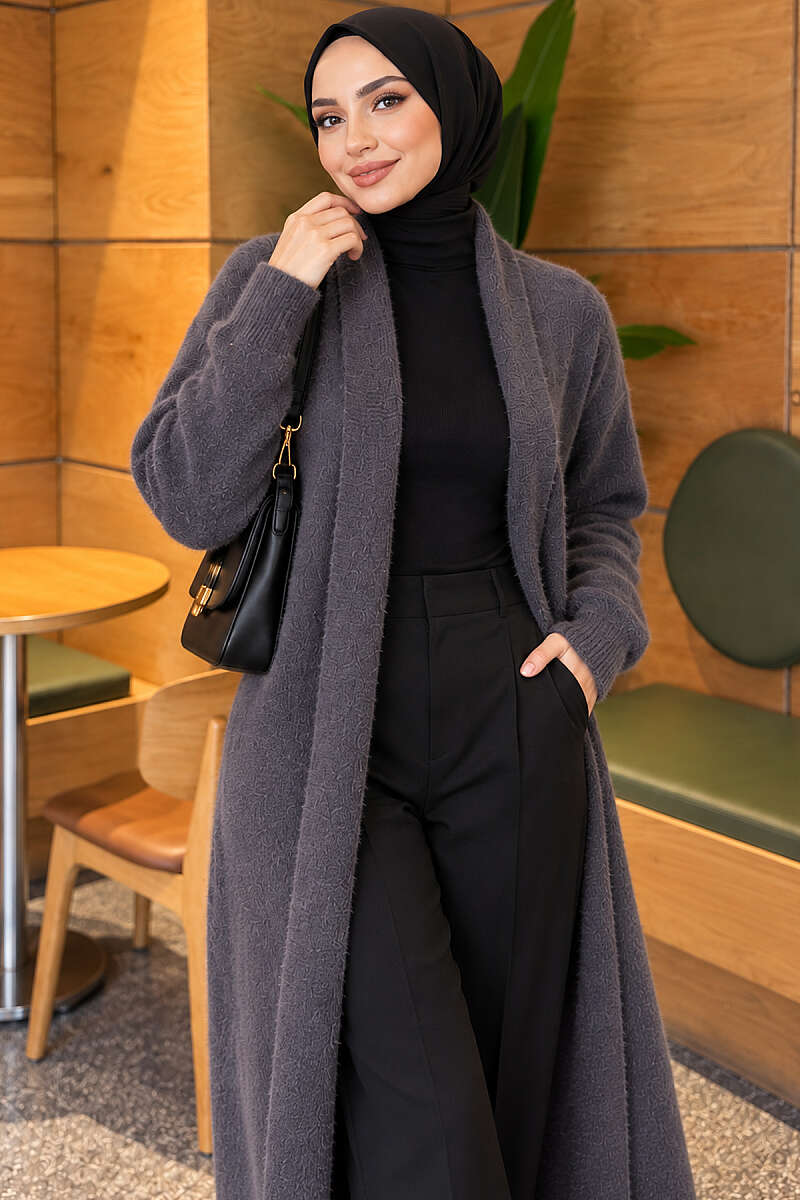 Long Shawl-Collar Brushed Cardigan - Smoke Grey