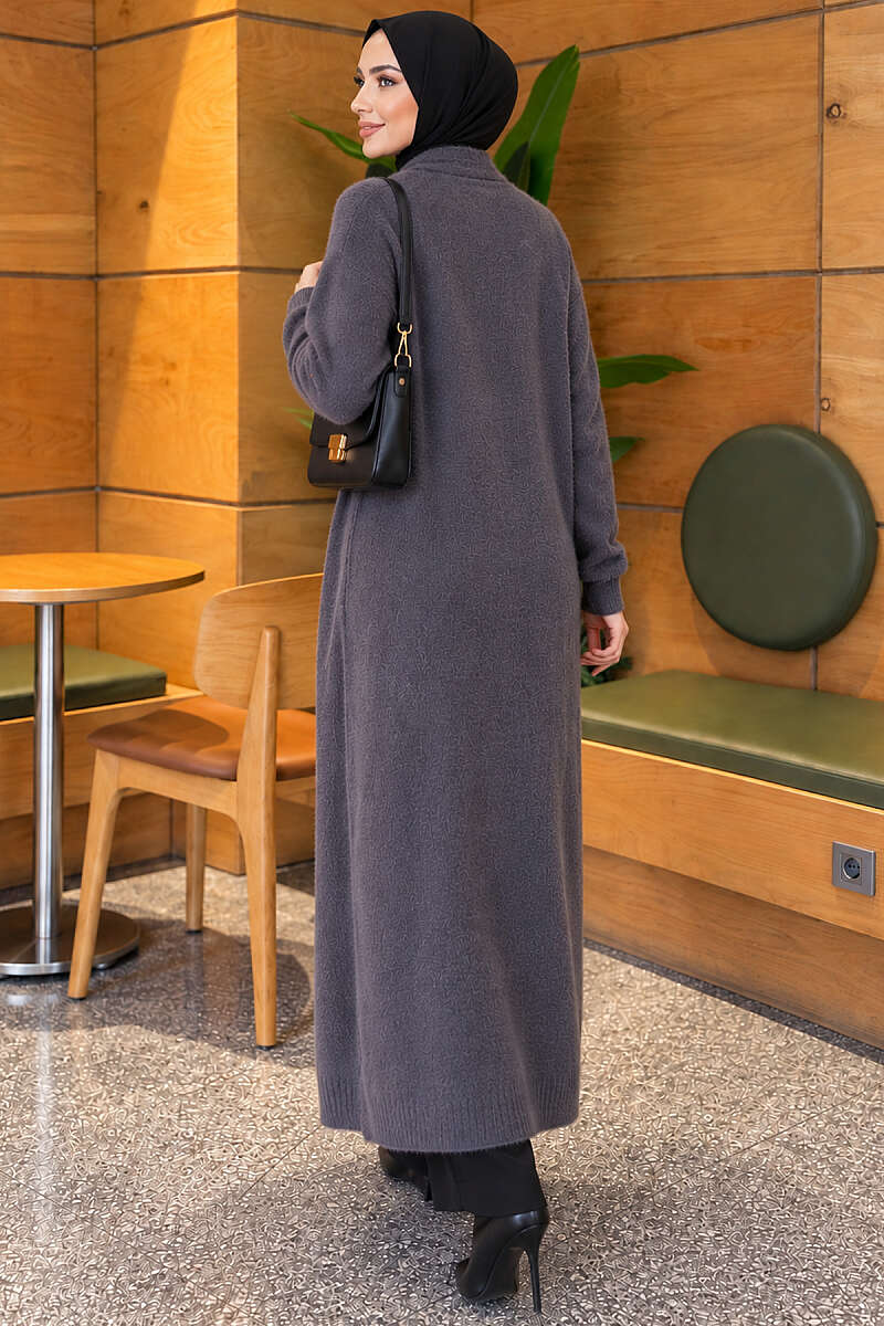 Long Shawl-Collar Brushed Cardigan - Smoke Grey