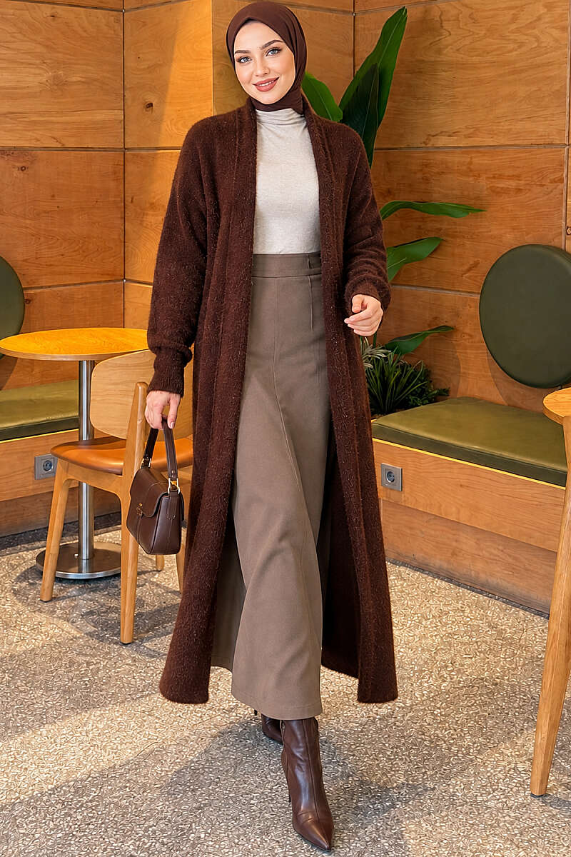 Long Shawl-Collar Brushed Cardigan - Brown