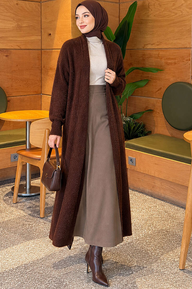Long Shawl-Collar Brushed Cardigan - Brown