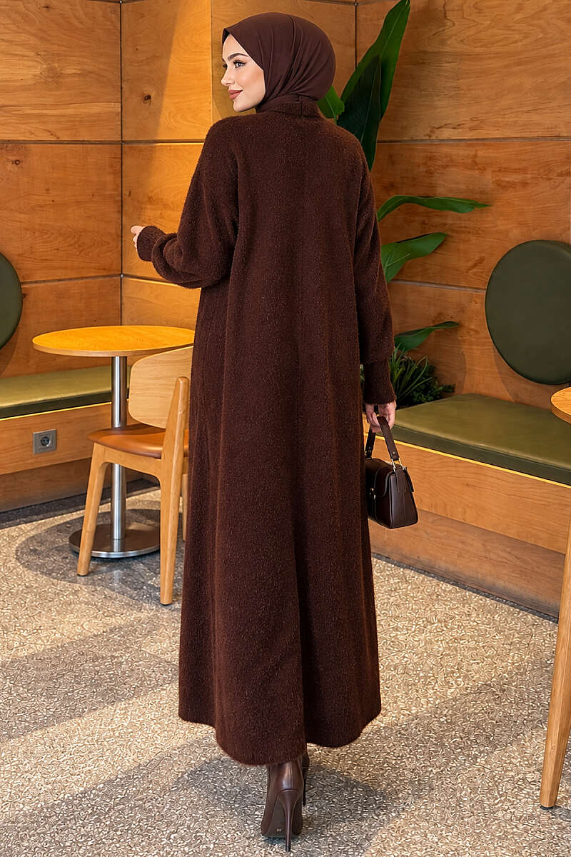 Long Shawl-Collar Brushed Cardigan - Brown
