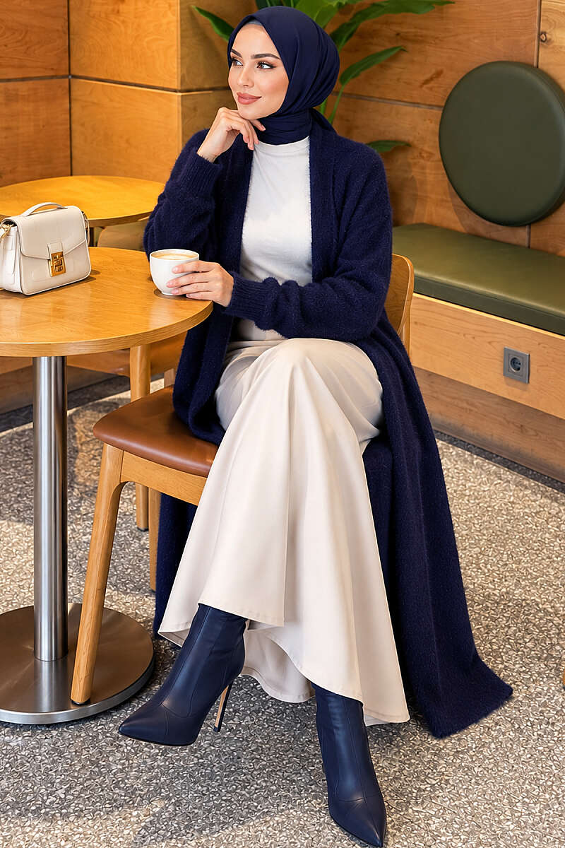 Long Shawl-Collar Brushed Cardigan - Navy