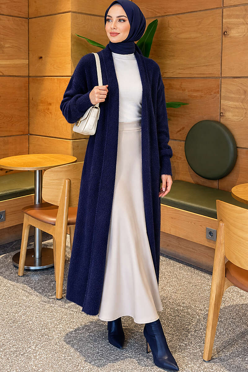 Long Shawl-Collar Brushed Cardigan - Navy