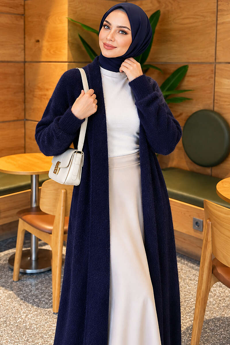 Long Shawl-Collar Brushed Cardigan - Navy